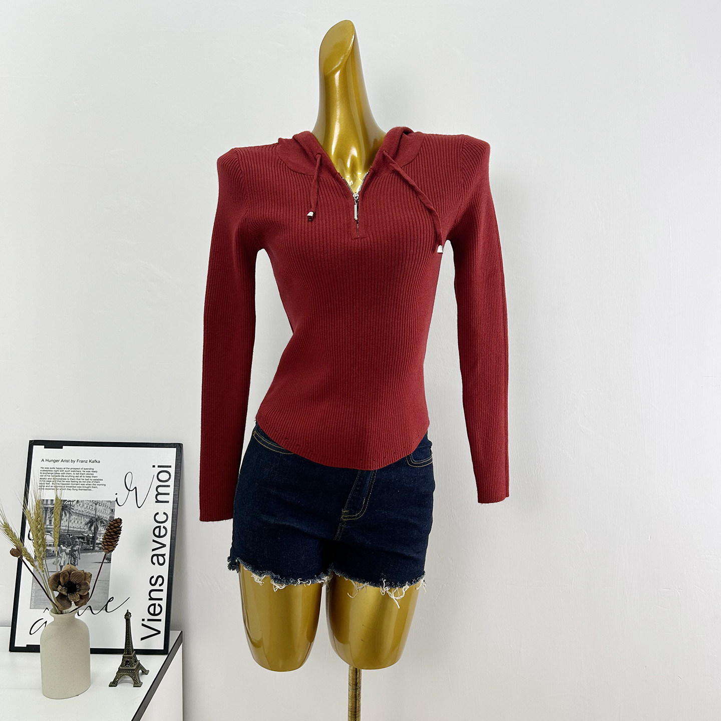 法式半拉链连帽针织衫女秋冬新款气质修身显瘦百搭长袖打底上衣潮