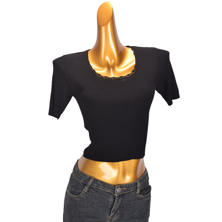 夏季圆领黑色短袖针织衫女士设计感气质修身显瘦套头高腰短款上衣