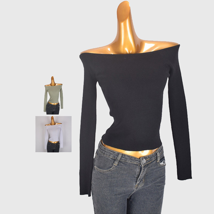 外贸单辣妹性感一字领长袖针织衫女春秋季新款设计感修身短款上衣