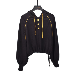 时尚洋气抽绳连帽长袖针织衫女设计感宽松外穿上衣套头纯色毛衣潮