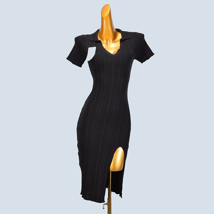 翻领长袖针织连衣裙女2025夏季新款修身显瘦性感开叉包臀短袖裙子