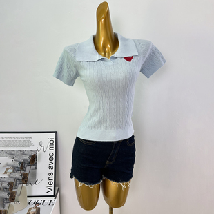 韩系刺绣翻领短袖针织衫女春季新款小个子高腰显瘦麻花短款上衣潮