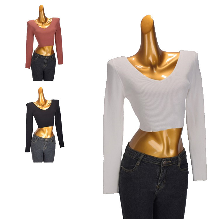 外贸原单 v领修身长袖性感打底衫女秋季新款高腰露脐内搭短款上衣