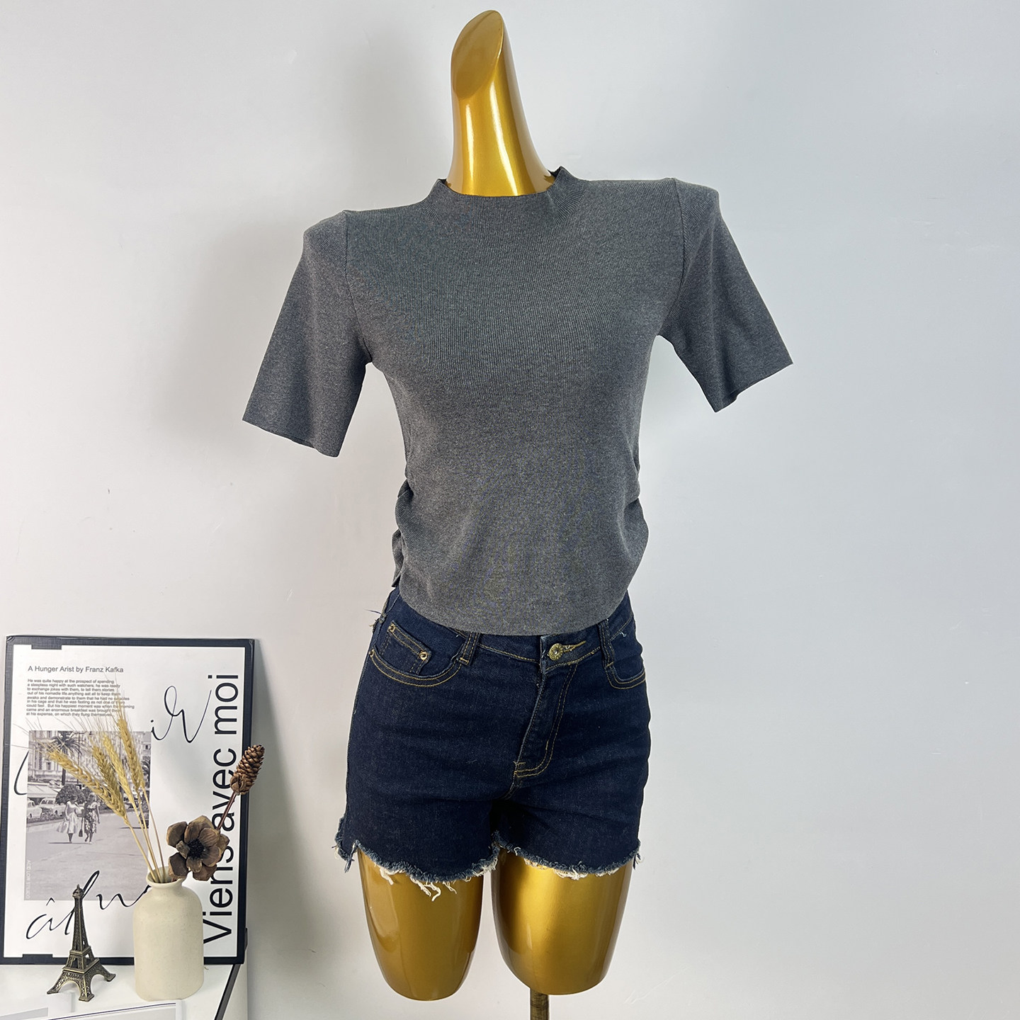 极简修身短袖针织衫女夏季新款灰色圆领百搭修身显瘦褶皱短款上衣