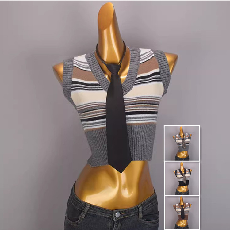 学院风v领撞色针织马甲背心女 秋冬新款叠穿条纹无袖短款坎肩上衣