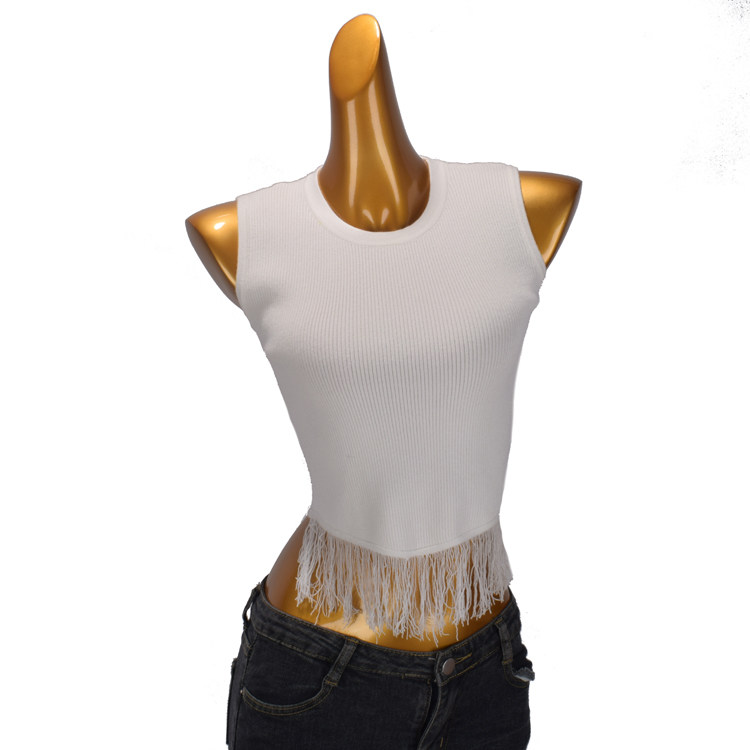 软糯流苏圆领针织马甲背心女春款修身短款性感露脐内搭打底衫上衣