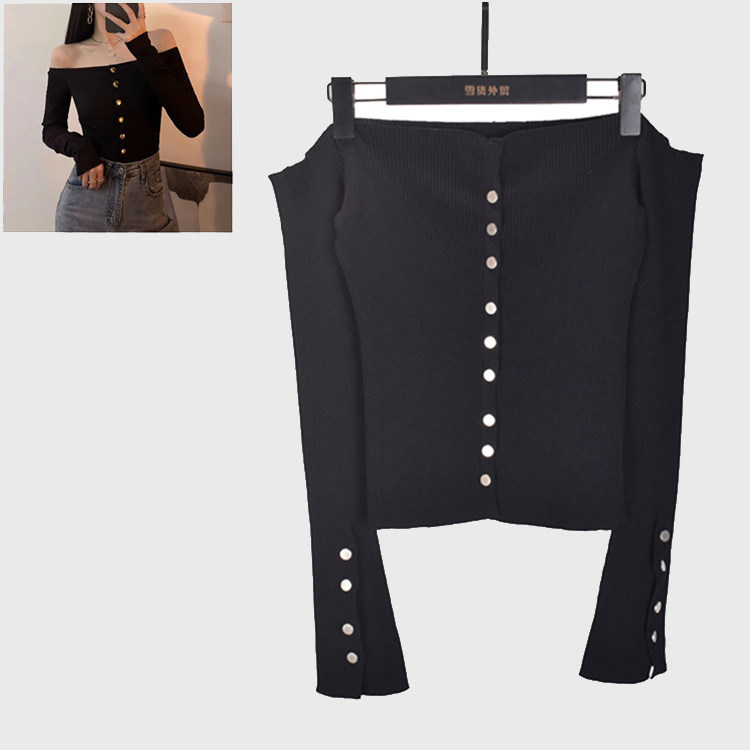 黑色一字领露锁骨针织衫女秋季新款设计感小众长袖修身短款上衣潮