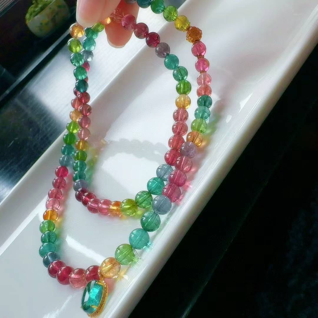 魅晶天然水晶晶体通透近玻璃体艳彩碧玺彩虹多圈手链