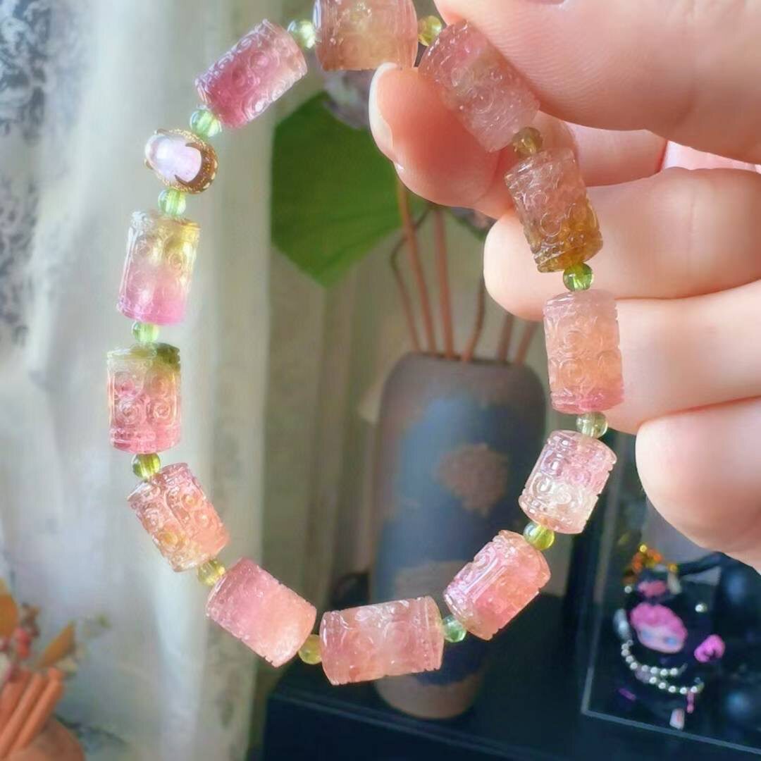 魅晶天然水晶晶体通透甜橙西瓜碧玺回纹手链