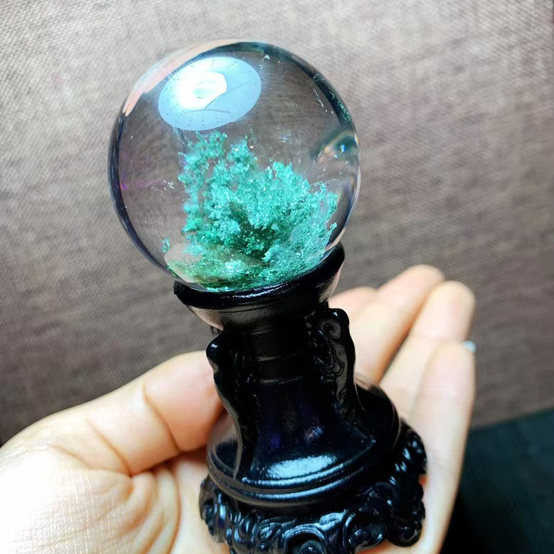 魅晶天然水晶晶体通透绿幽灵海草球摆件