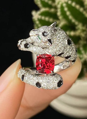 魅晶天然戒面料晶体通透正红尖晶石18k金镶嵌豹子戒指