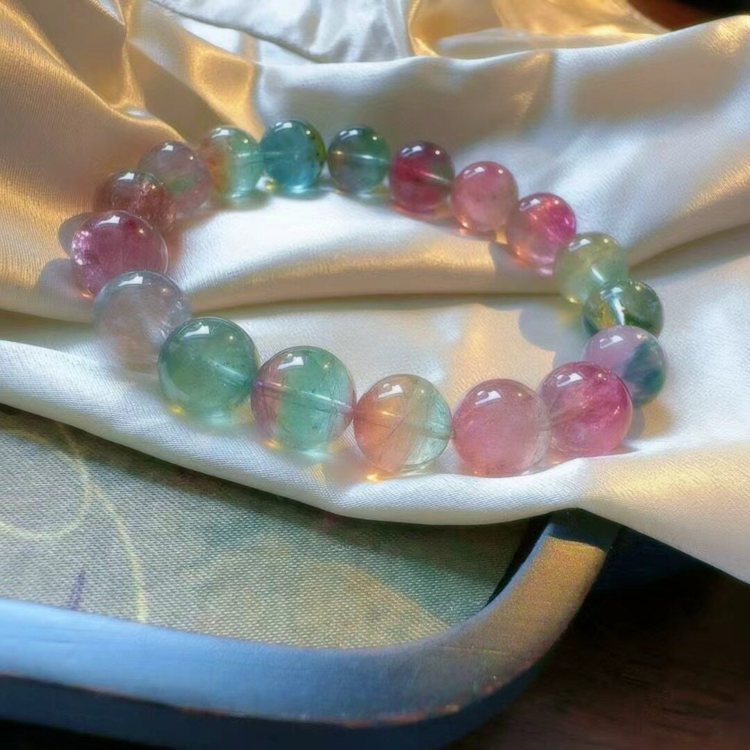 魅晶天然水晶晶体通透粉蓝双色花仙子西瓜碧玺手链