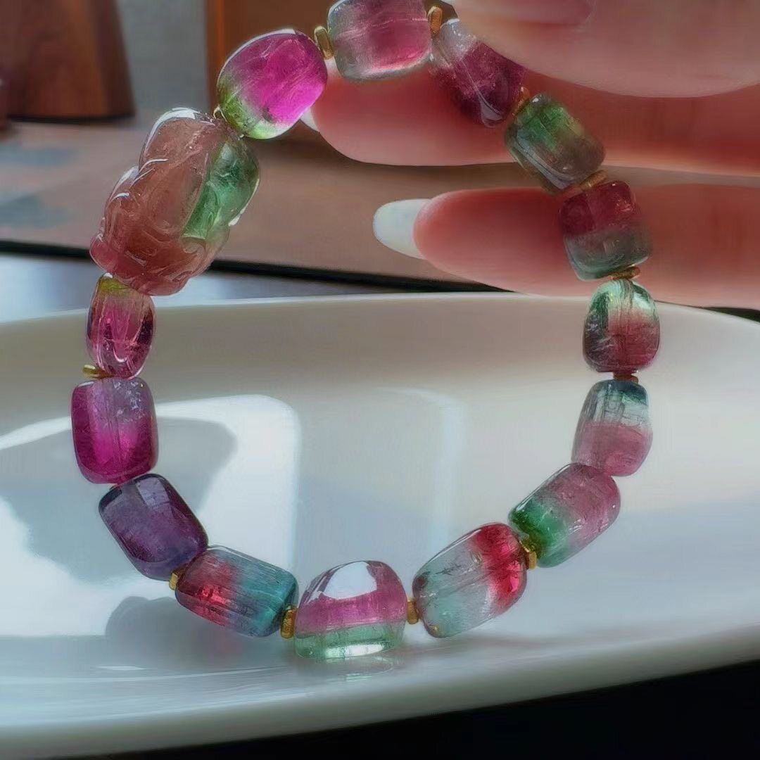 魅晶天然水晶晶体通透多色交织紫西瓜碧玺手链