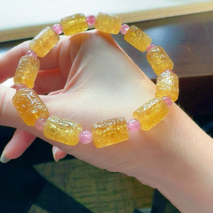 魅晶天然水晶晶体通透雀黄色回纹碧玺手链