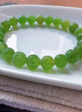 魅晶天然水晶晶体通透阳绿色碧玺雕刻回纹珠手链