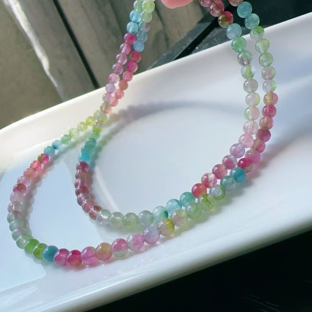 魅晶天然水晶晶体通透粉蓝绿西瓜佛珠多圈手链