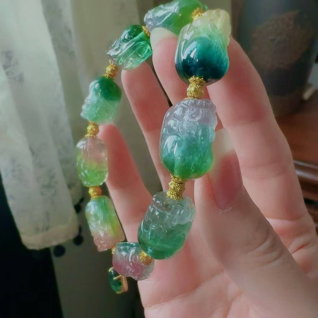 魅晶天然水晶晶体通透帕绿带蓝色调双色交织西瓜碧玺手链