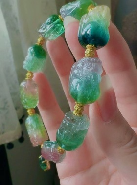 魅晶天然水晶晶体通透帕绿带蓝色调双色交织西瓜碧玺手链