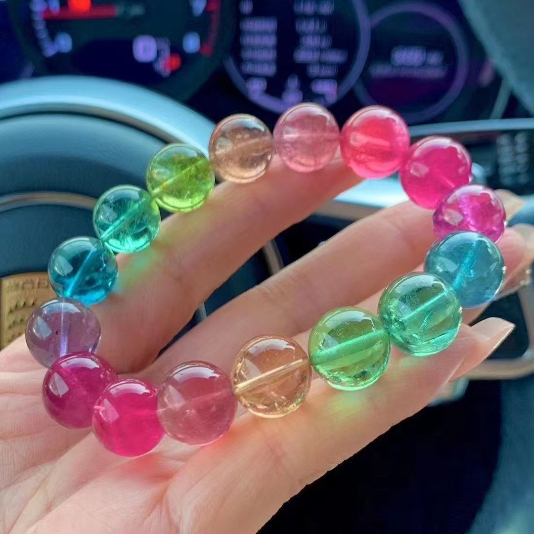 魅晶天然水晶晶体通透玻璃体荧光人鱼彩虹碧玺手链