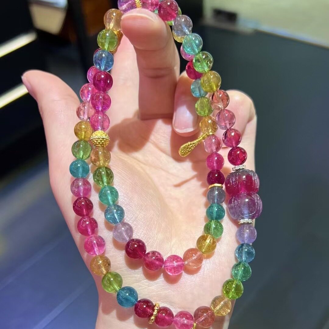 魅晶天然水晶晶体通透荧光色标碧玺手链
