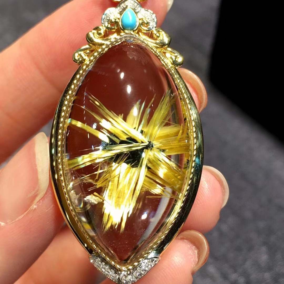 魅晶天然原矿水晶晶体通透白体黄钛晶花18k金镶嵌马眼吊坠