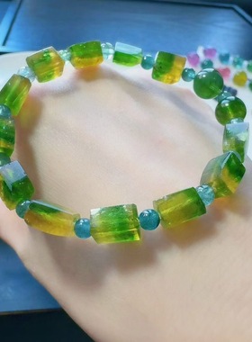 魅晶天然水晶晶体通透黄绿交织碧玺原石手链