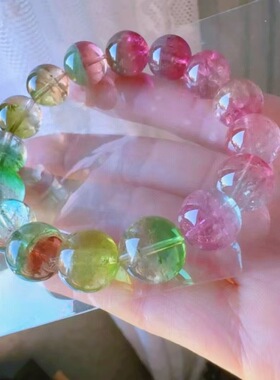 魅晶天然然水晶晶体通透粉绿色系西瓜碧玺手链