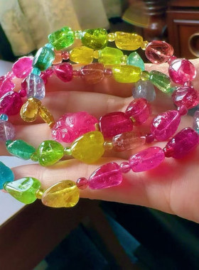 魅晶天然水晶晶体通透绚丽荧光色标碧玺原石多圈手链