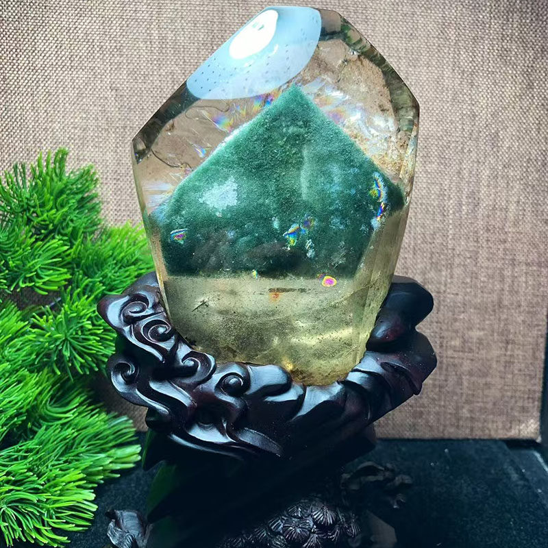 魅晶天然水晶晶体通透绿幽灵全包金字塔景石