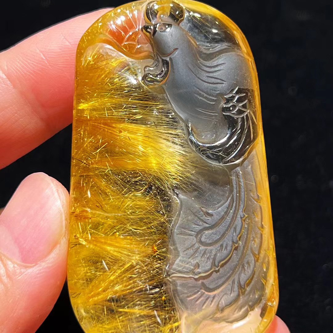 魅晶天然原矿水晶晶体通透金发晶顺发晶雕刻凤凰吊坠