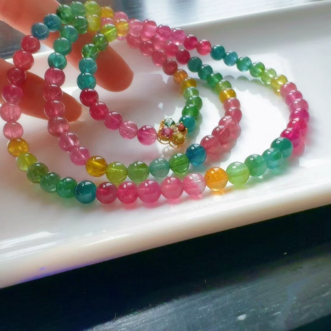 魅晶天然水晶晶体通透荧光莹润通透艳丽感碧玺手链