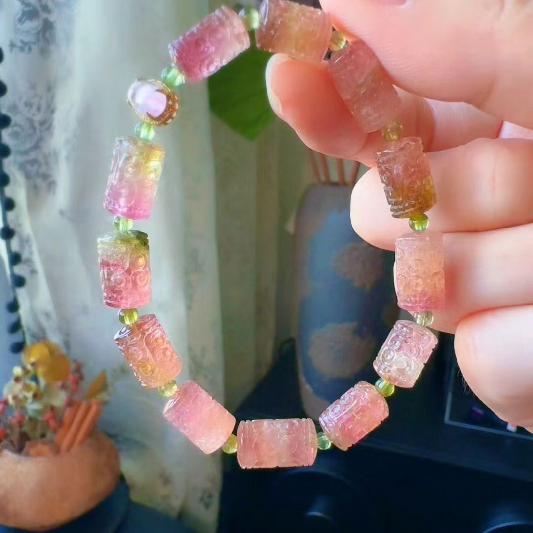 魅晶天然水晶晶体通透甜橙西瓜碧玺回纹手链