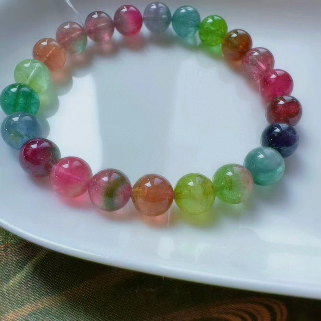 魅晶天然水晶晶体通透粉橙调艳彩西瓜碧玺手链