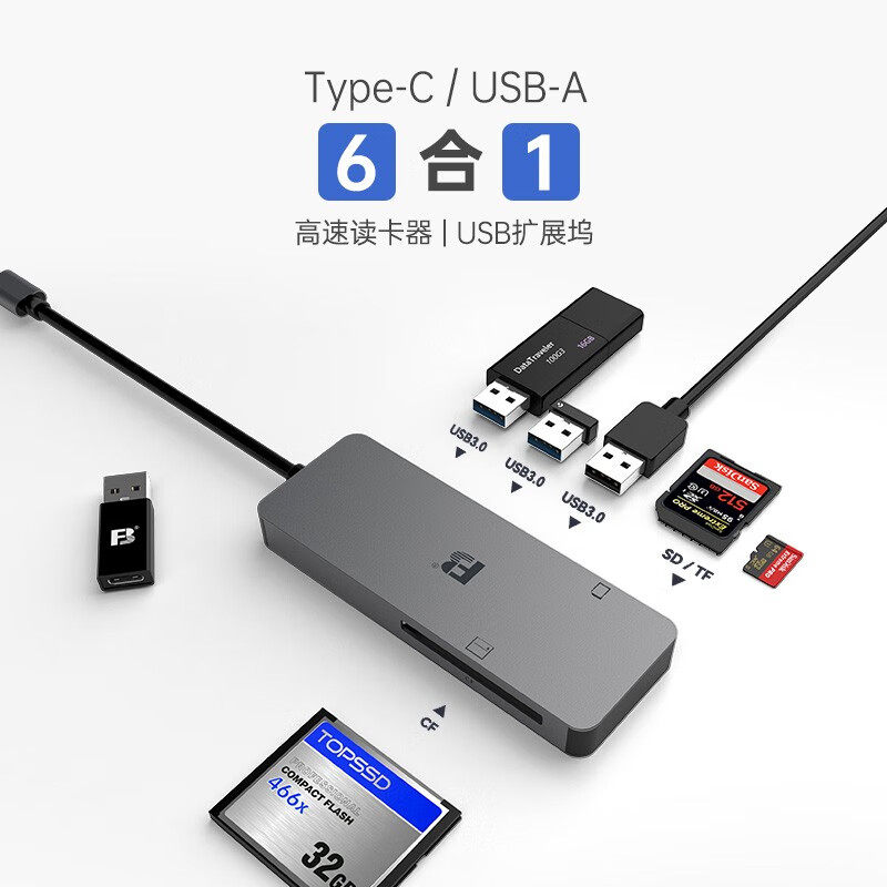 沣标usb3.0读卡器USB六合一扩展坞多功能type-c+USB3.0双接口SD CF TF内存卡互传手机电脑车载记录仪相机读取
