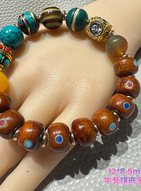 藏式牛骨手串天然牦牛骨尼泊尔铜珠天珠手链骨头文玩佛珠桶珠