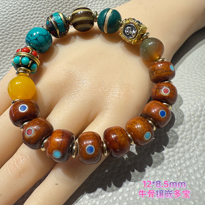 藏式牛骨手串天然牦牛骨尼泊尔铜珠天珠手链骨头文玩佛珠桶珠