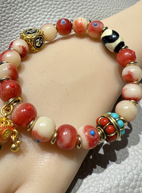 藏传念珠驼骨手串藏式手串新中式时尚粉手串个性手串送礼佳品