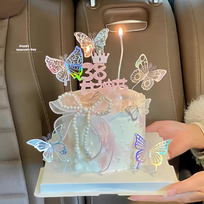 38女神节快乐蛋糕装饰亚克力插牌三八妇女节幻彩蝴蝶烘焙装扮插件