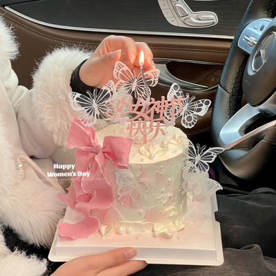 三八妇女节蛋糕装饰摆件唯美幻彩蝴蝶38女神节快乐亚克力插牌插件