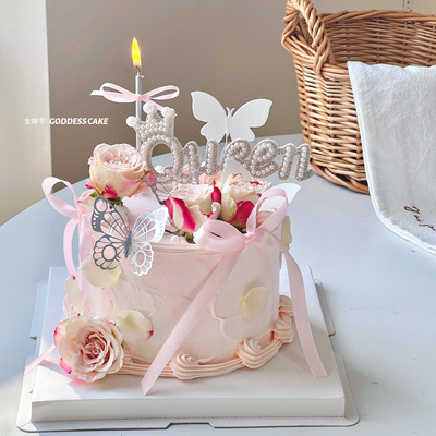 38女神节蛋糕装饰珍珠皇冠Queen摆件三八妇女节唯美蝴蝶装扮插件
