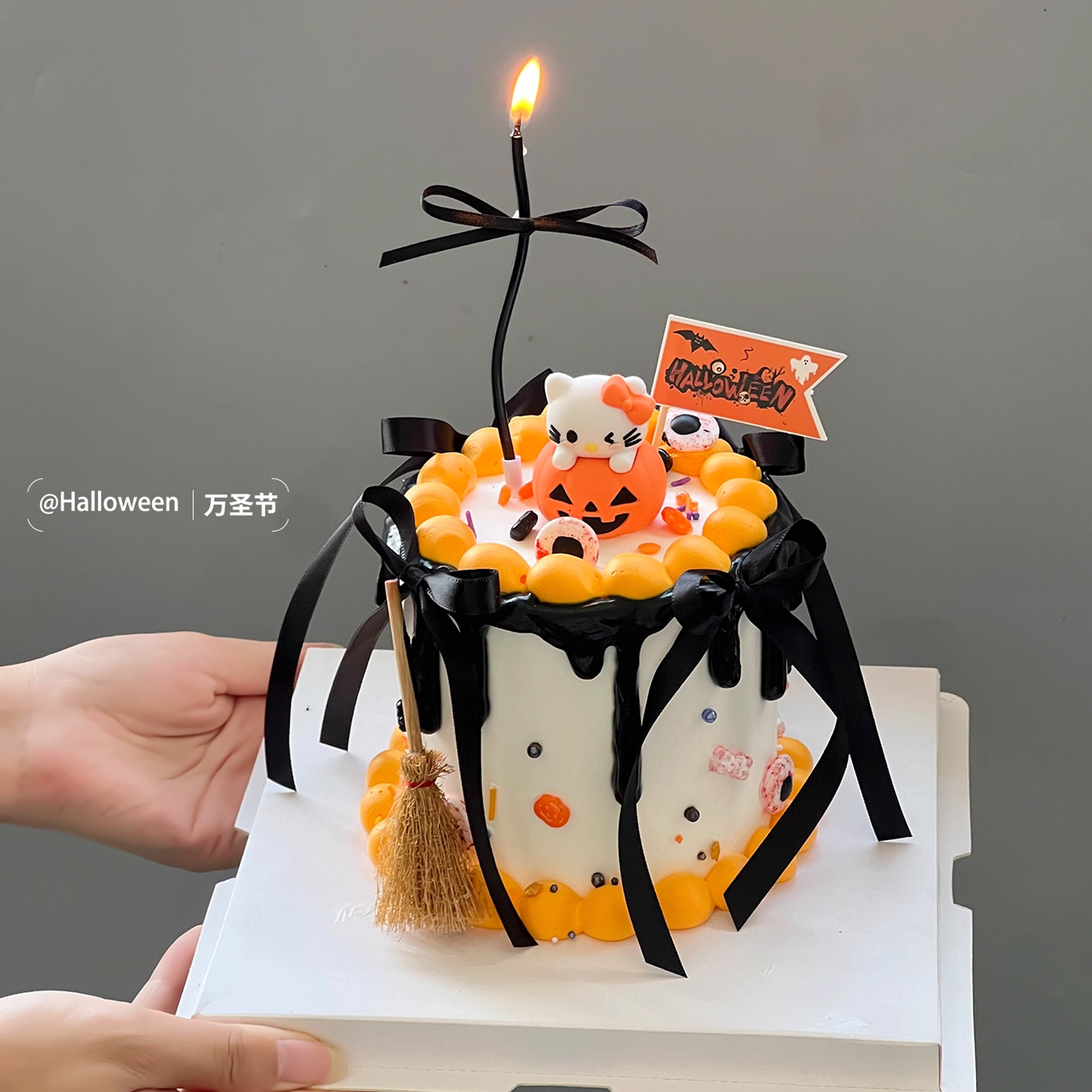 2025万圣节蛋糕装饰软胶南瓜猫咪摆件女巫小扫帚蝴蝶结丝带装扮