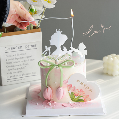 38女神节蛋糕装饰女王queen插牌三八妇女节爱心卡片郁金香插件