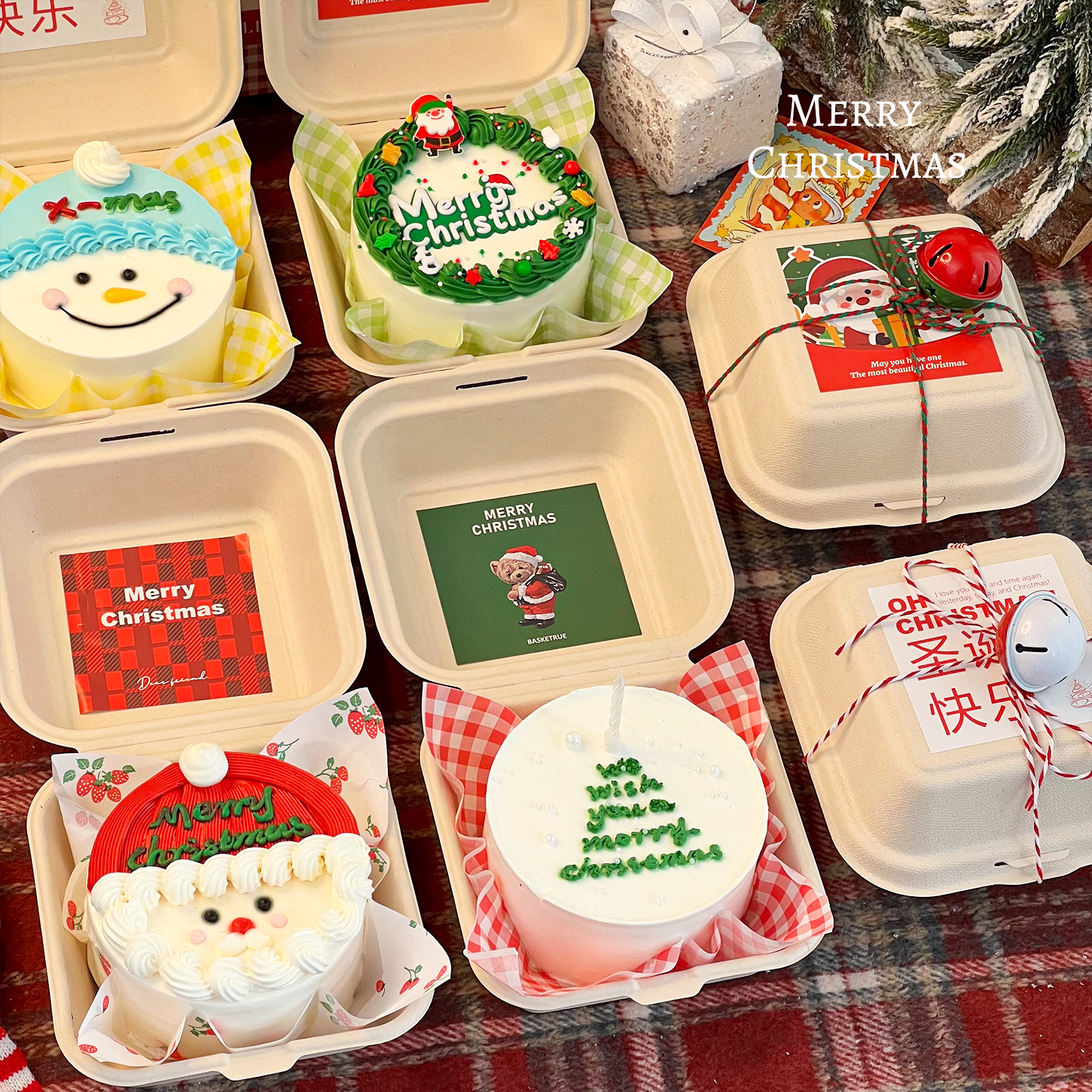2025圣诞节4寸便当盒蛋糕装饰摆件圣诞老人节日快乐贴纸甜品装扮