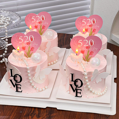 520情人节蛋糕装饰爱心插牌love亚克力插件情侣告白蝴蝶装扮摆件