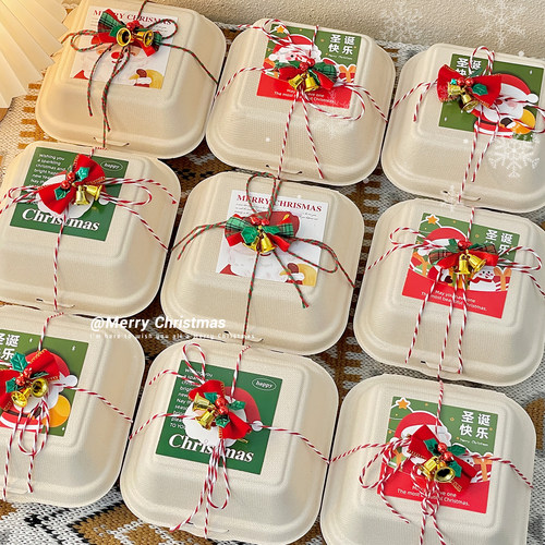 2025圣诞节4寸便当盒蛋糕装饰圣诞快乐卡片贴纸甜品包装打包盒子
