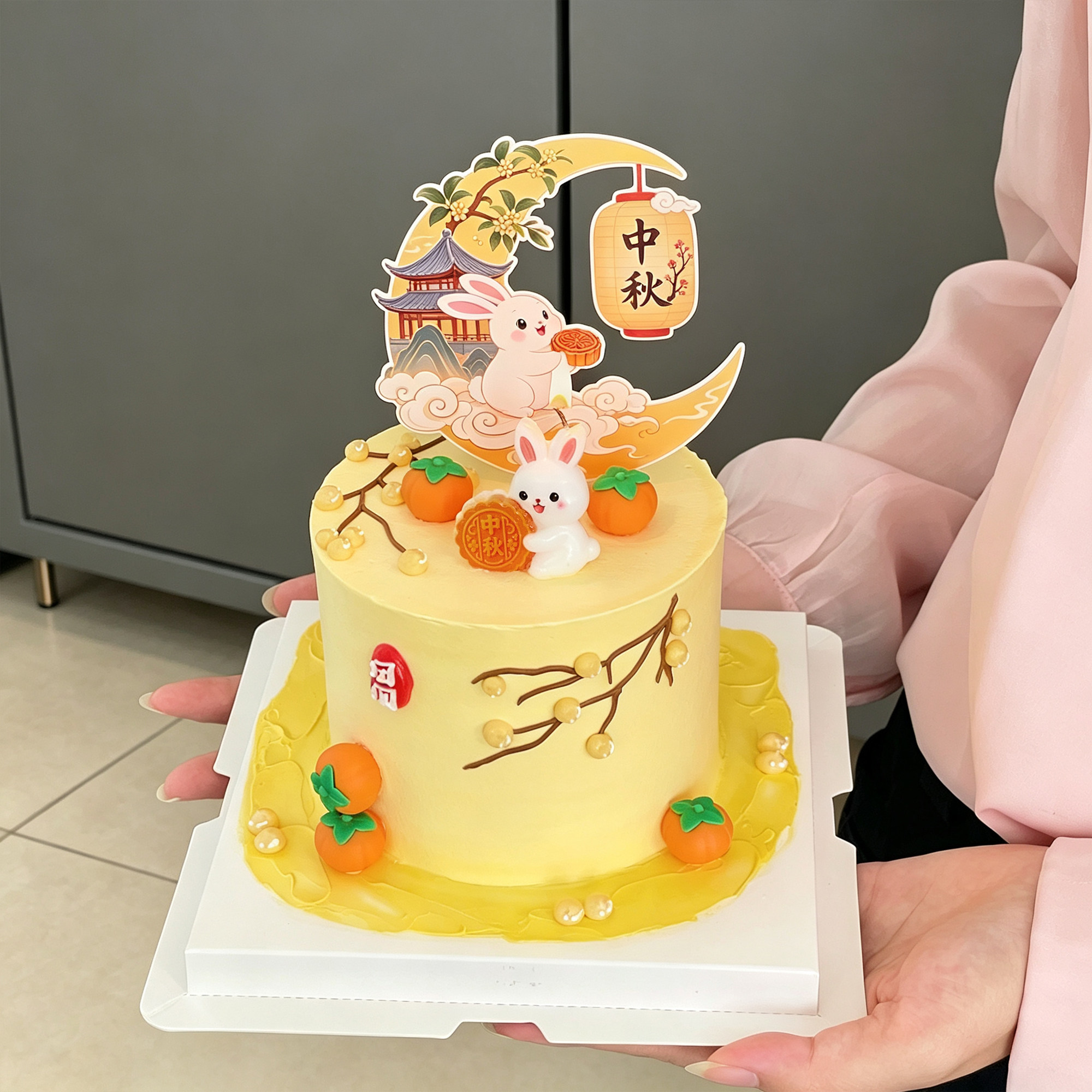 2026中秋节月饼小兔子蜡烛蛋糕装饰摆件软胶柿子中秋快乐卡片插牌