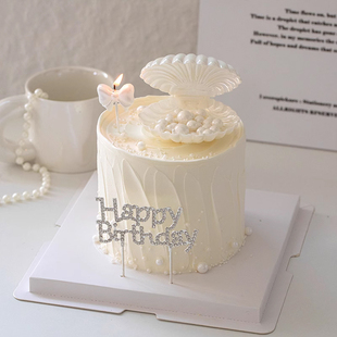 梦幻珍珠贝壳蛋糕装饰摆件珠光白色蝴蝶结蜡烛仙女生日钻石HB插件