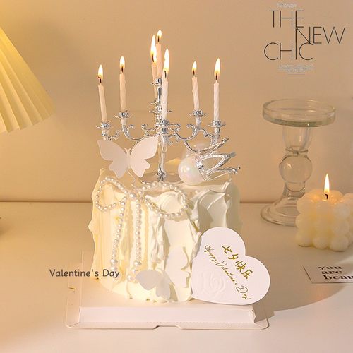 七夕情人节蛋糕装饰复古银色烛台摆件网红爱心珍珠蝴蝶结插牌插件