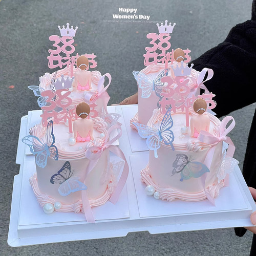 38女神节蛋糕装饰皇冠亚克力插件三八妇女节唯美蝴蝶背影女神摆件