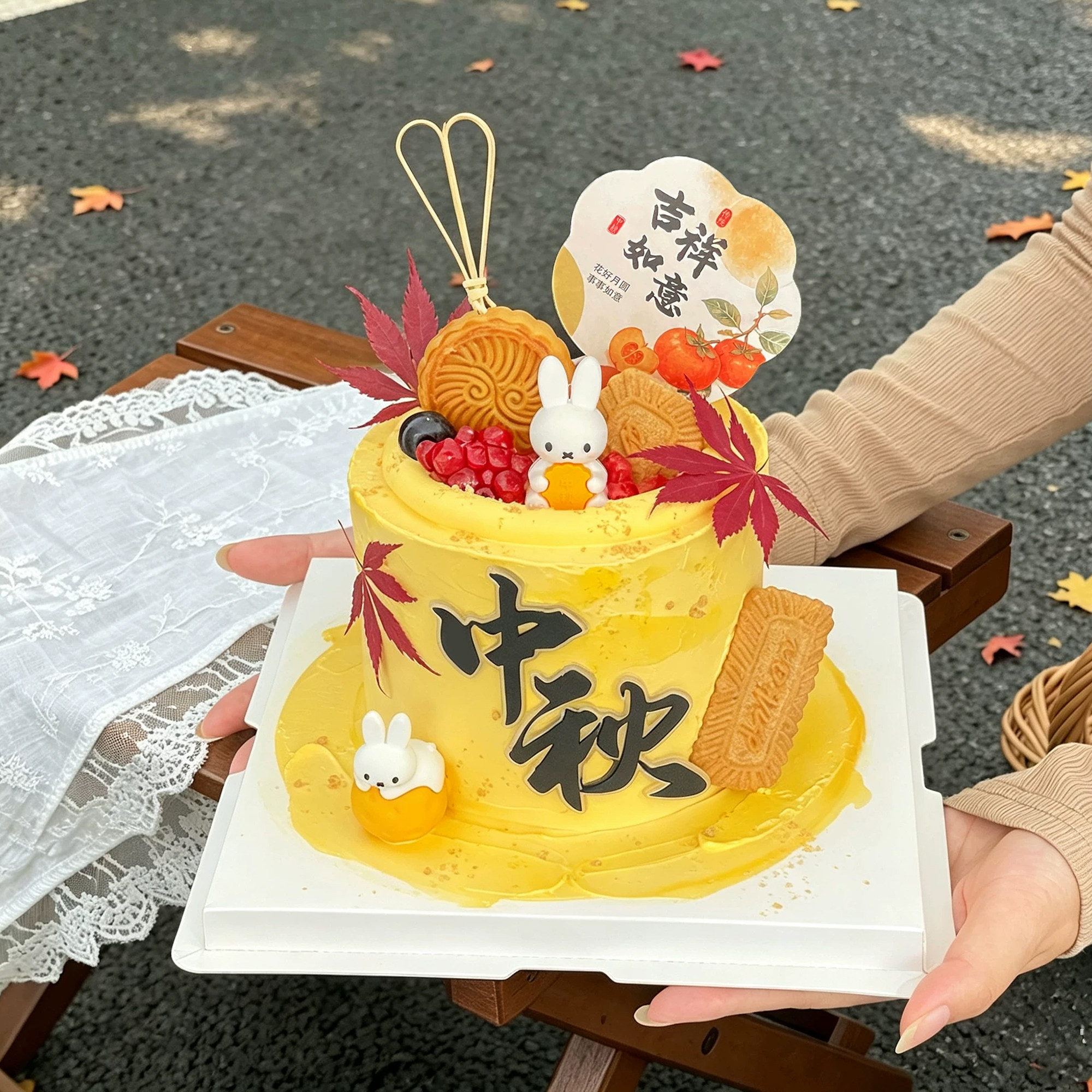 2026中秋节网红蛋糕装饰月饼米菲兔摆件中式扇子吉祥如意插牌插件